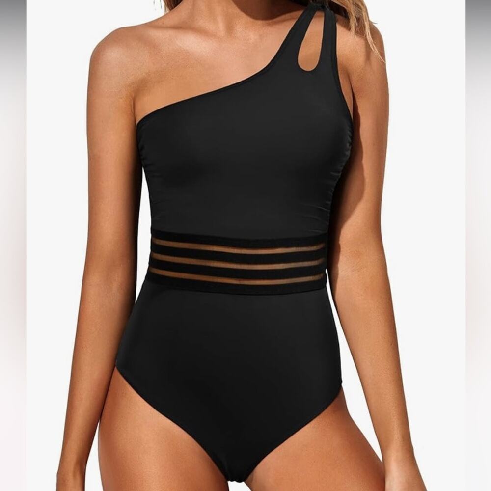 NWT One Shoulder 1 Piece Swimsuit Women Tummy Control, Black Medium
